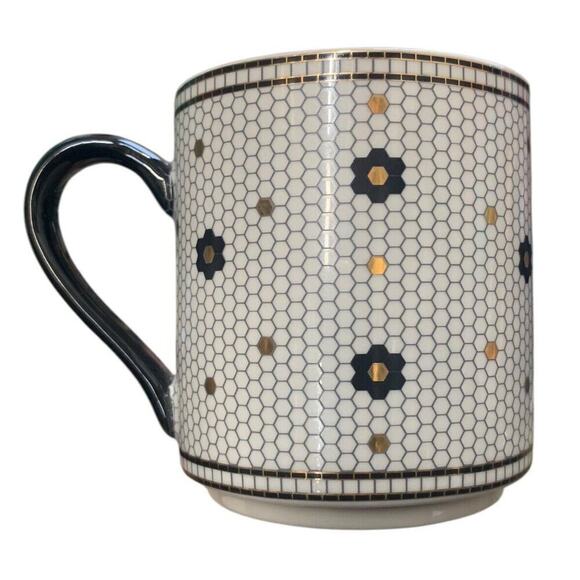 Anthropologie initial letter T Mug Black Gold Honeycomb Mosaic Tile Mug - Picture 3 of 6